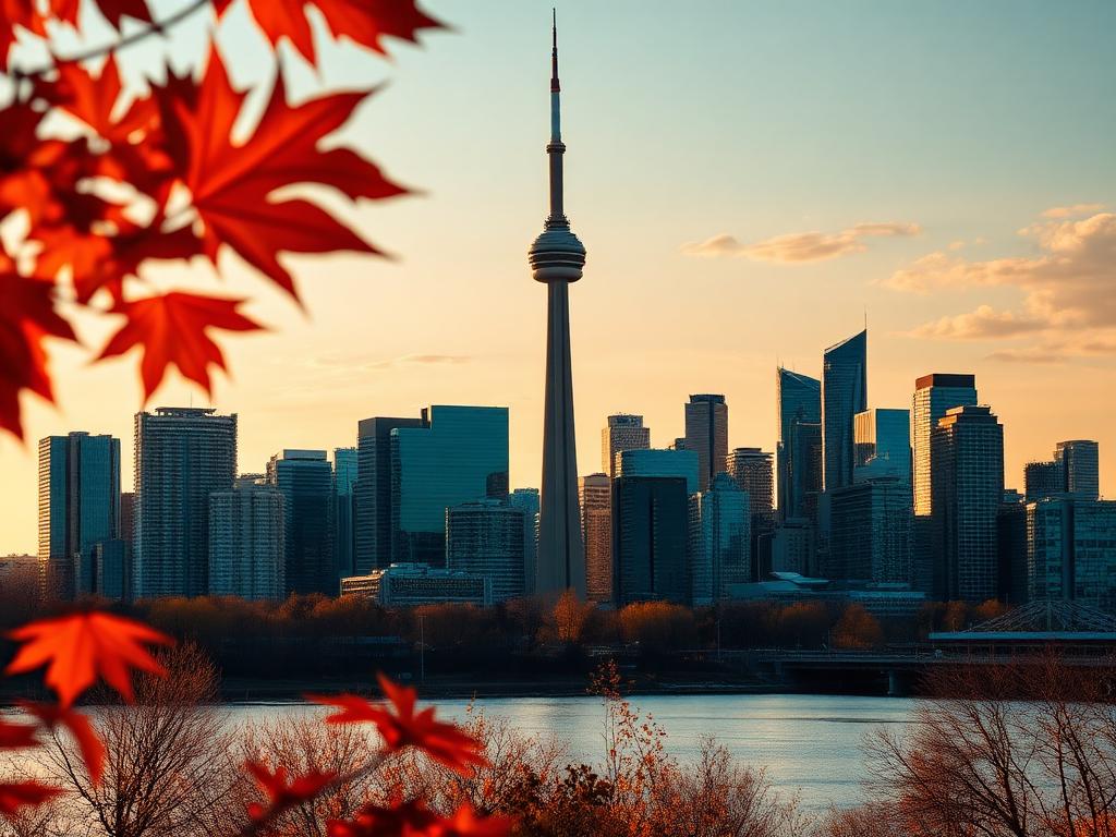 Toronto skyline with autumn maple leaves