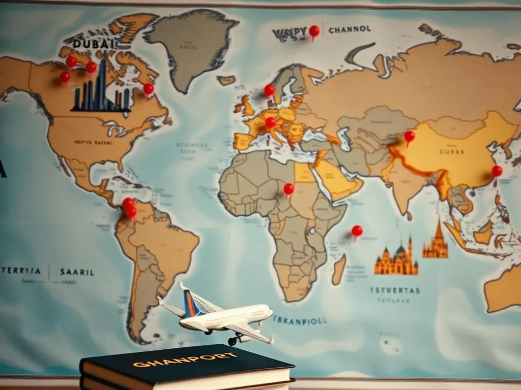 World map with travel pins on cheap destinations and a Ghanaian passport with a model airplane in the foreground