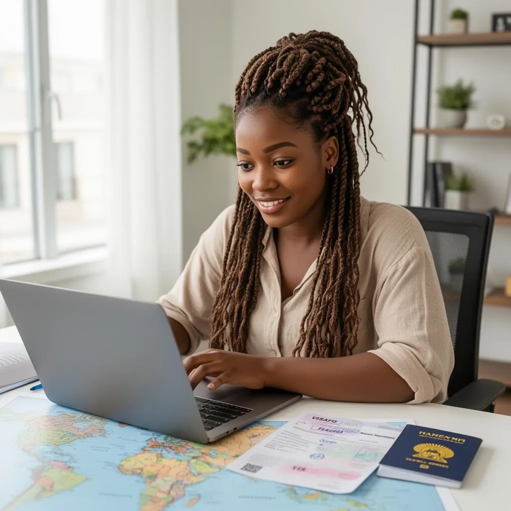 Ghanaian traveller comparing visas and a world map at a desk