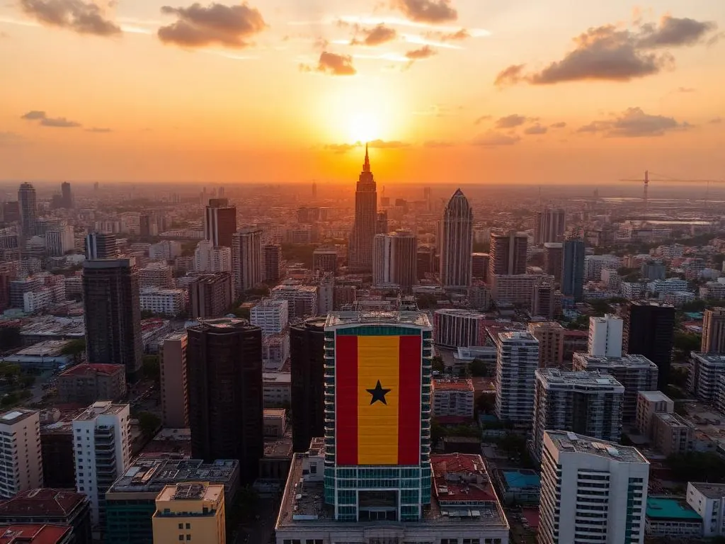 Aerial view of Accra skyline at sunset with the Ghanaian flag