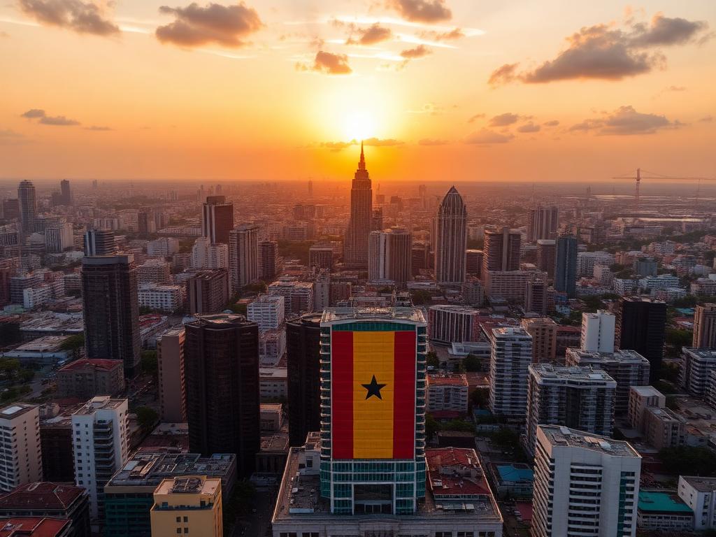 Aerial view of Accra skyline at sunset with the Ghanaian flag