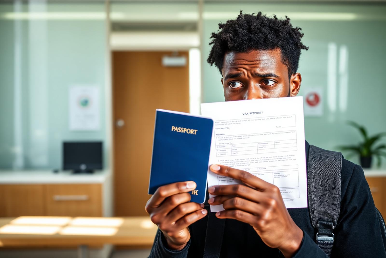 A Ghanaian traveller reading a Schengen visa refusal letter at a visa application centre