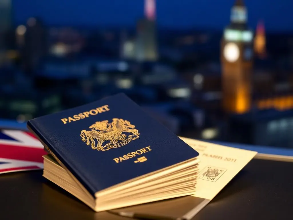 UK passport with electronic travel authorisation document and London skyline at night