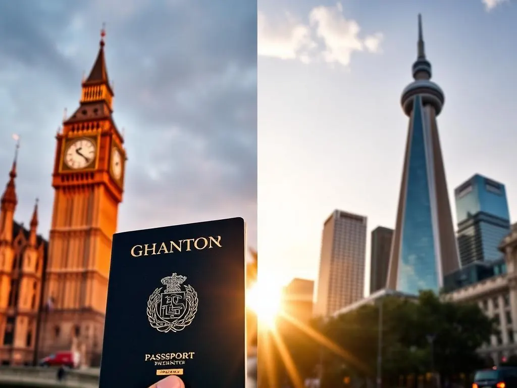 Big Ben in London on the left and Toronto CN Tower on the right with a Ghanaian passport in the foreground