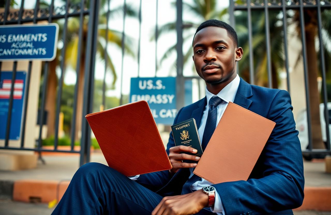 Young Ghanaian man in a navy suit holding a brown document folder and Ghanaian passport outside the US Embassy gate in Cantonments, Accra, in soft morning light