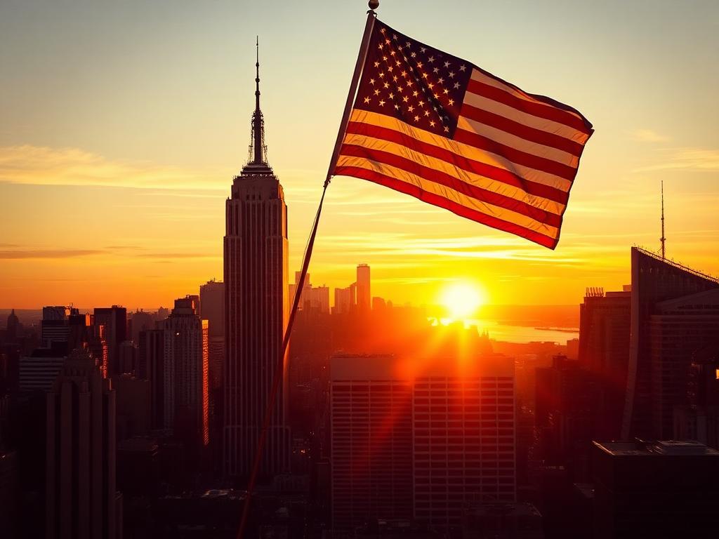 New York City skyline at sunset with American flag